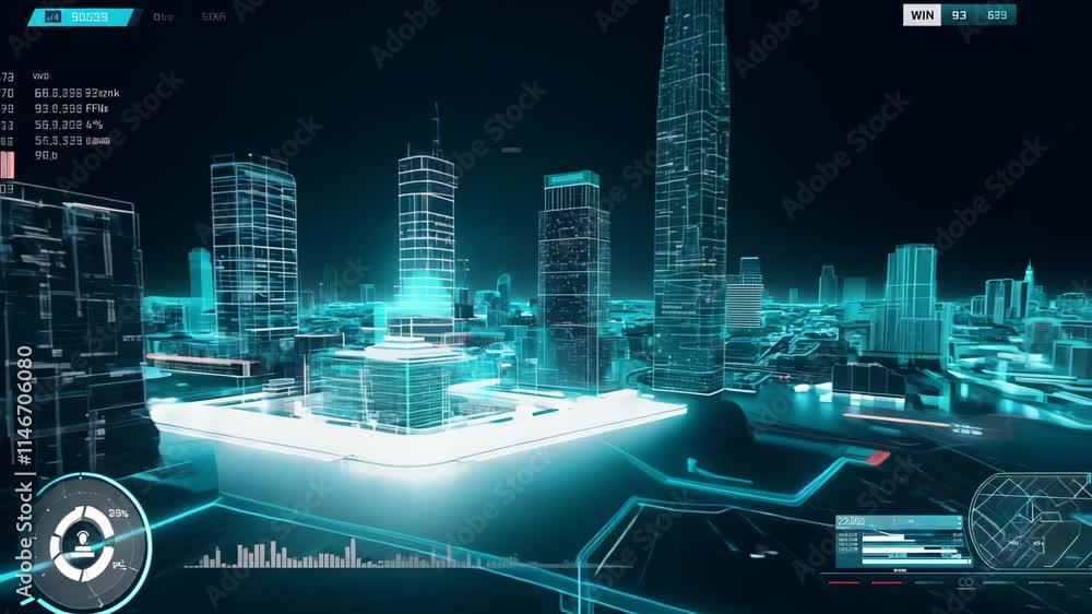 Poster exploring a futuristic cityscape with glowing buildings and advanced technology