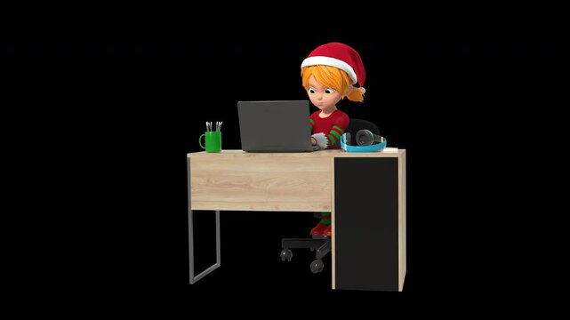 3d Animated Cartoon Elf Girl Working On Laptop Set On Desk Sitting On Revolving Chair. Employee Elf Working on Computer. Alpha Channel. Seamless Loop.