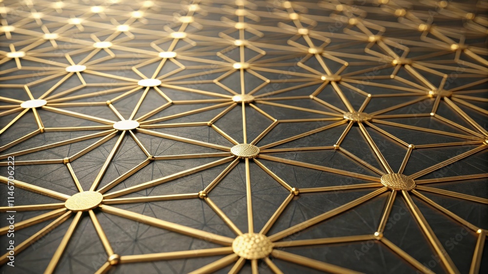 Poster a geometric abstract pattern of interconnected golden circles on a black background