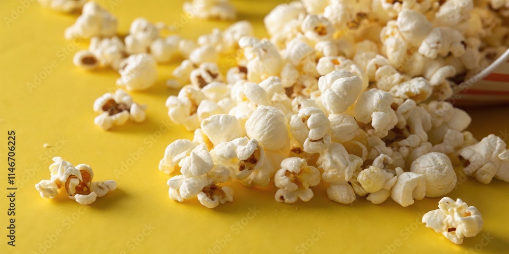 Poster a close-up shot of popcorn scattered on a vibrant yellow surface, capturing the airy texture and flu