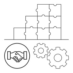 Business team handshake in circle, interlocking puzzle pieces stacked in a pyramid, and three meshing gears. Ideal for teamwork, collaboration, problem-solving, project management, business strategy