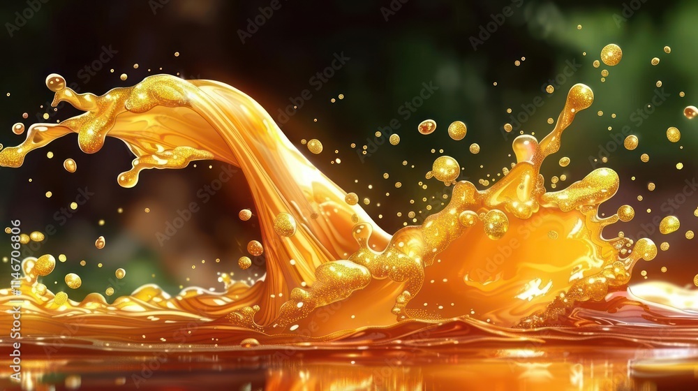 Poster a dynamic splash of golden liquid, capturing motion and fluidity in a vibrant scene.