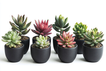 Collection of indoor succulent house plants in ceramic pots collection isolated on a white background