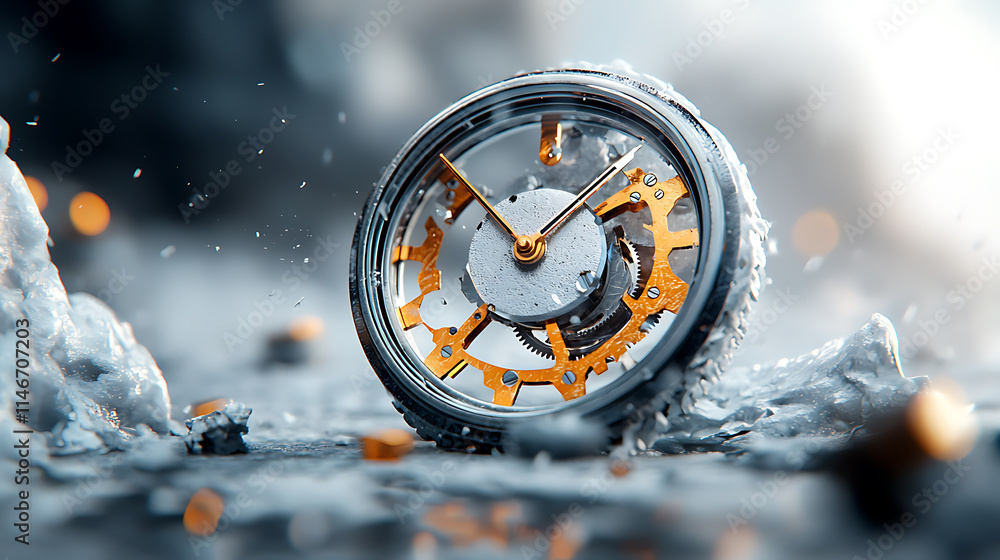 Poster intricate clock mechanism surrounded by water industrial setting high-quality visual macro view time