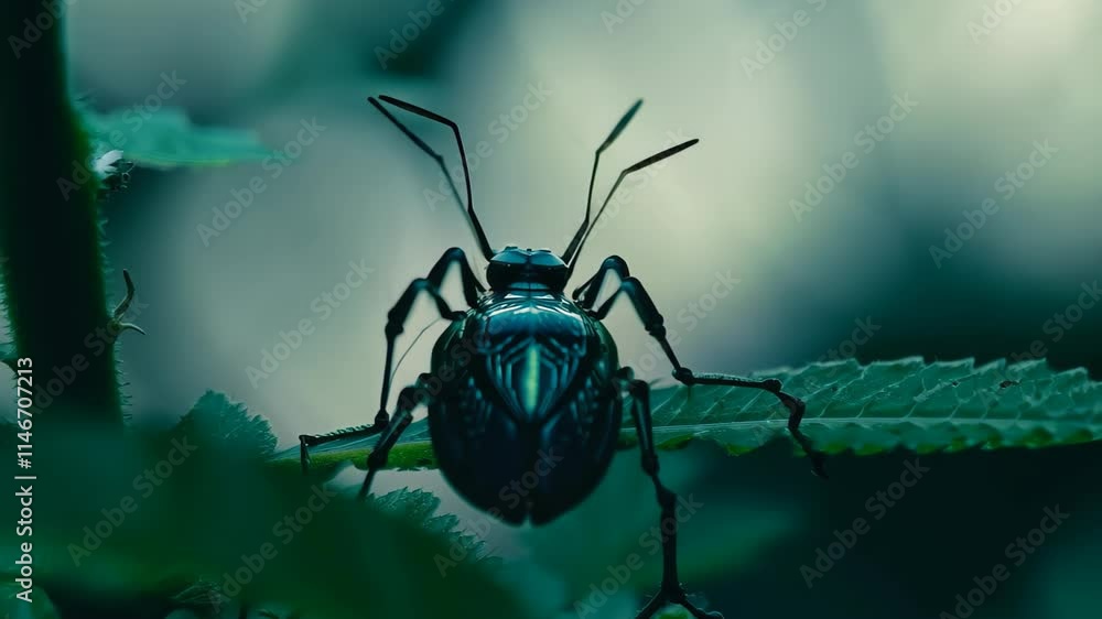 Poster close-up of a metallic insect resting on green leaves in a blurred background