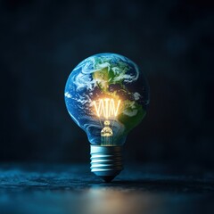 Energy-saving light bulb illuminating earth studio setting close-up view eco-friendly concept