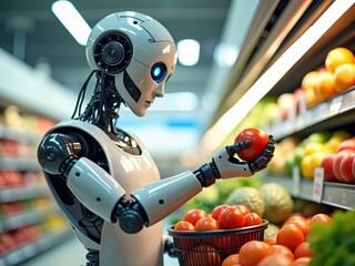 Fototapeta premium Robot shopping for fresh produce in a grocery store during a busy afternoon