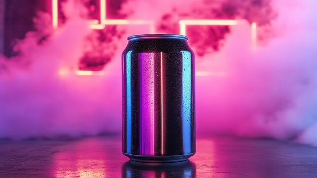 Energizing standard drink can neon background product photography vibrant environment close-up view commercial appeal