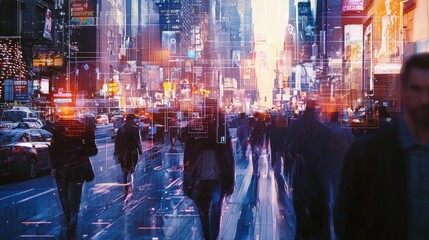 Futuristic urban street with vibrant neon lights, blurred motion, and digital overlays, showcasing a dynamic, high-tech cityscape. Perfect for themes of innovation and modern life.