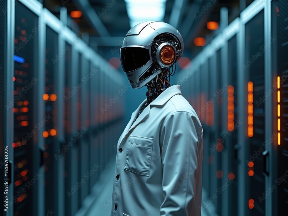 Poster futuristic robot scientist in a high-tech server room, showcasing advanced robotics in a modern rese