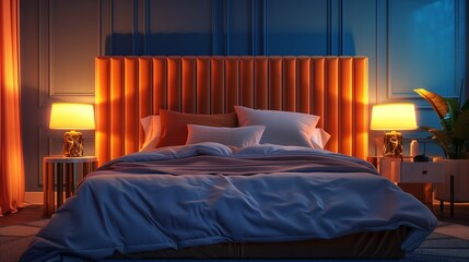 A modern luxury king-size bed with a plush velvet headboard and gold-finished side tables, isolated in a cozy bedroom ambiance.