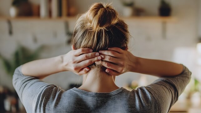 A half-body image of a woman gripping the back of her neck with both hands, her expression reflecting chronic neck pain