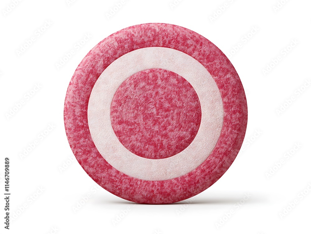Poster a circular object with a pink textured surface and a white concentric circle design.