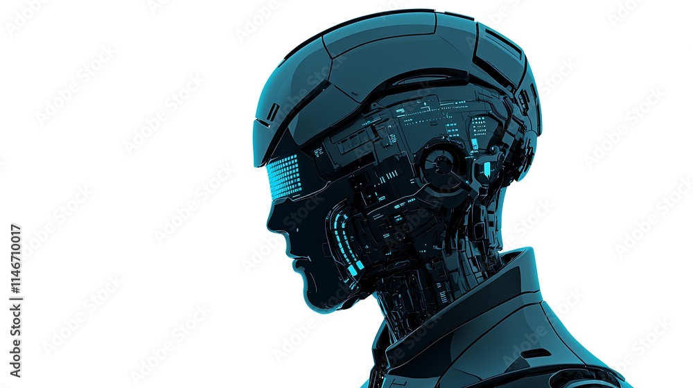 Aufkleber a futuristic robot head in profile, showcasing sleek design and illuminated features, symbolizing ad