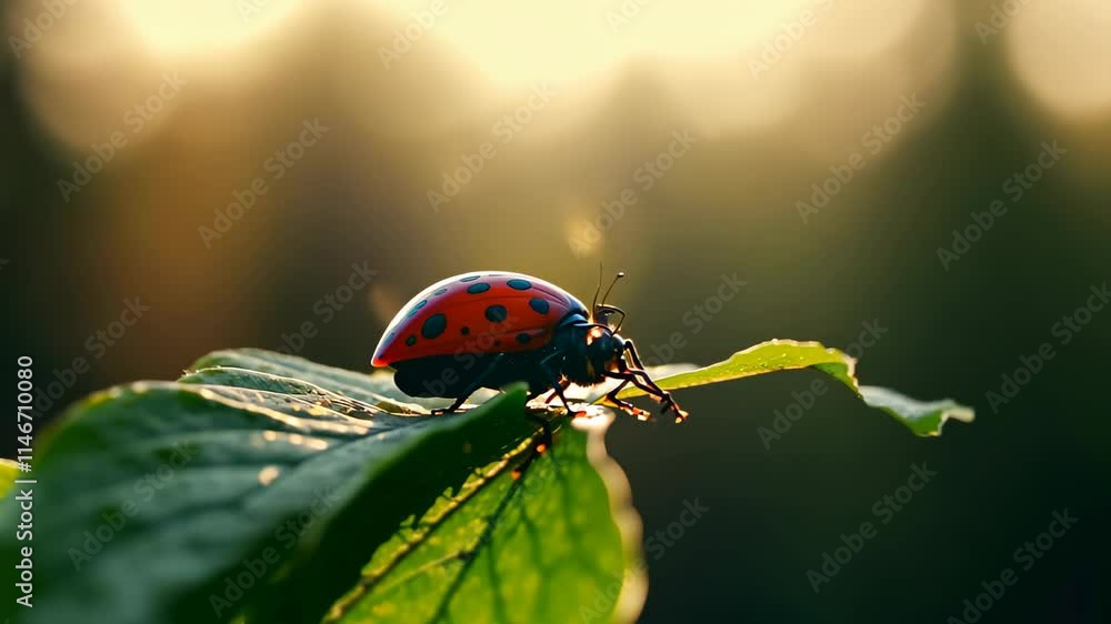 Poster ladybug resting on a green leaf in warm sunlight during a tranquil afternoon in a natural setting