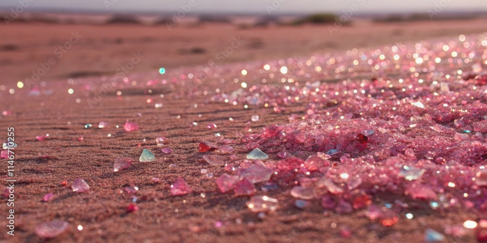 Fototapete a close-up view of pink and blue iridescent crystals scattered on the surface of a red sandy plain, 