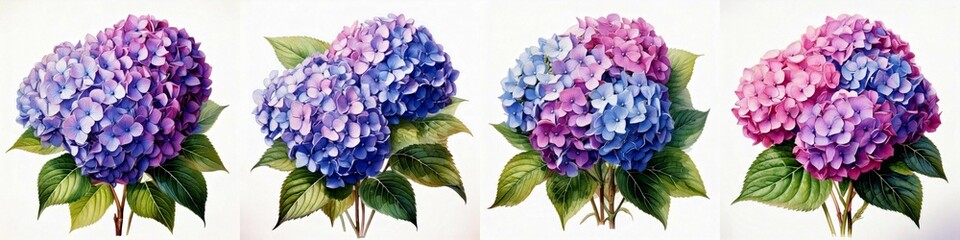 Set of Realistic Watercolor Illustration of Hydrangea Flowers: Elements Isolated on White Background