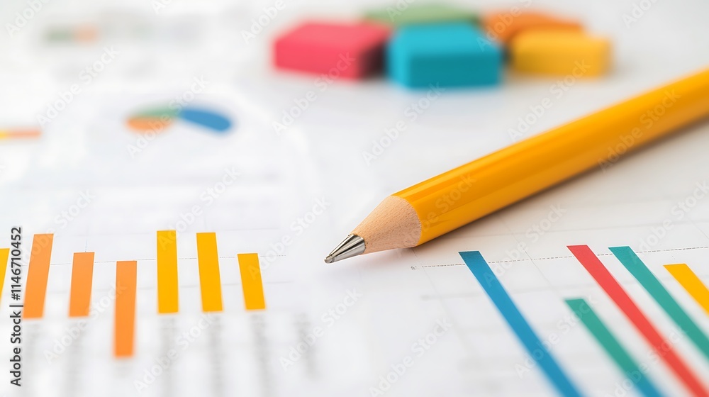 Poster a close-up view of colorful charts, graphs, and a pencil on a document, highlighting data analysis a