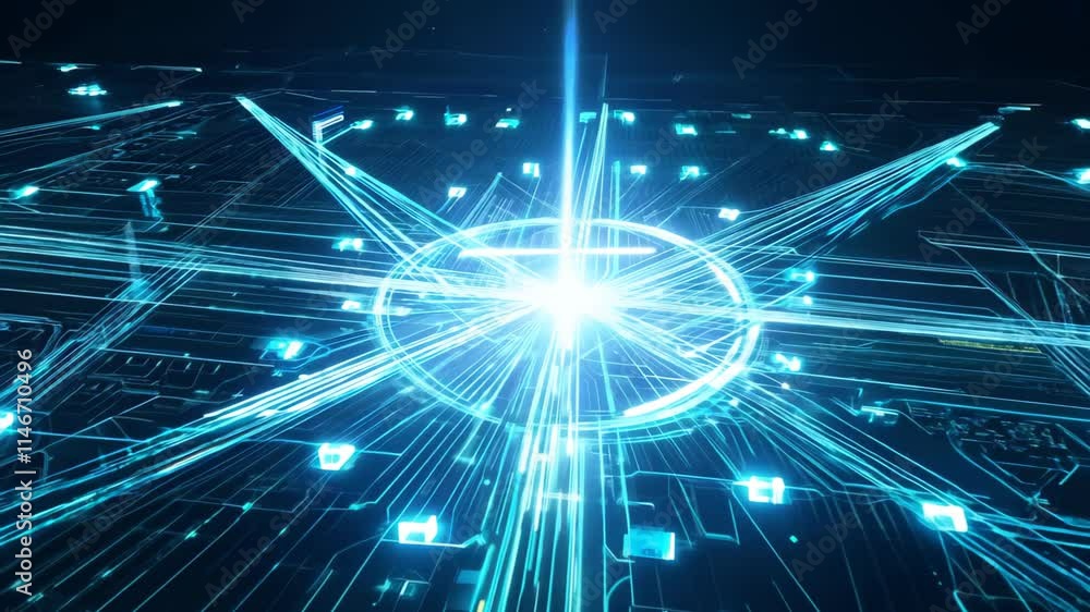 Poster exploring the dynamics of digital networks in a futuristic, high-tech environment