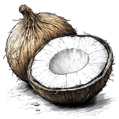 Obraz premium Whole and halved coconut illustration.