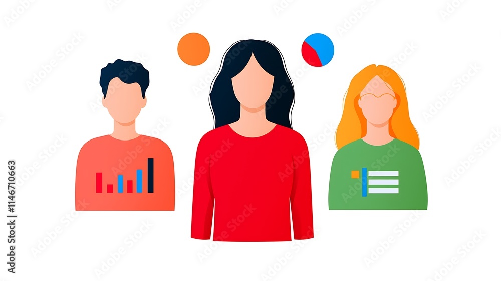 Poster three diverse individuals stand together, with visual elements representing data and analytics, symb