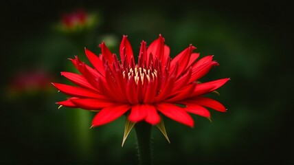 A vibrant red dahlia flower in full bloom against a black background, showcasing its petals in stunning detail