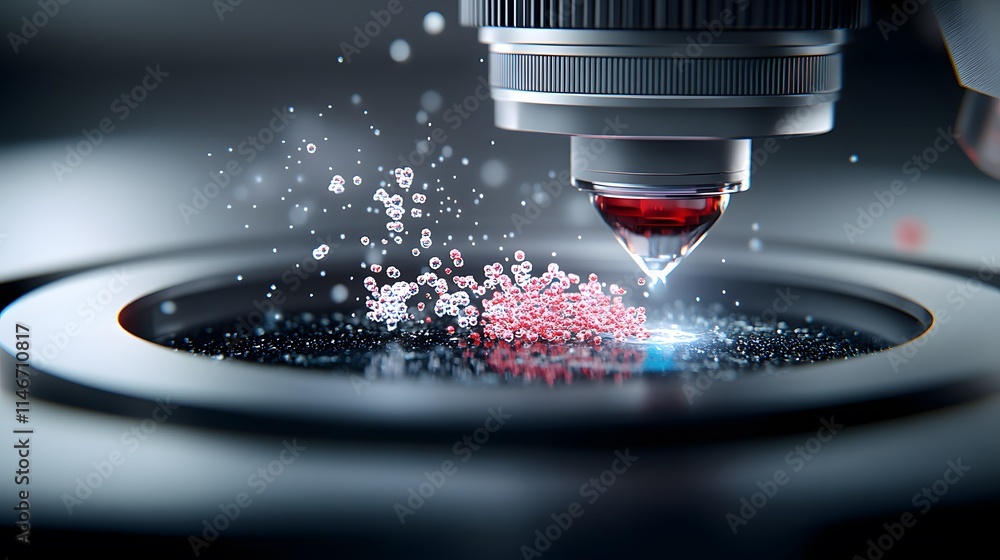 Poster microscope examining microscopic red particles with high precision in a scientific laboratory enviro