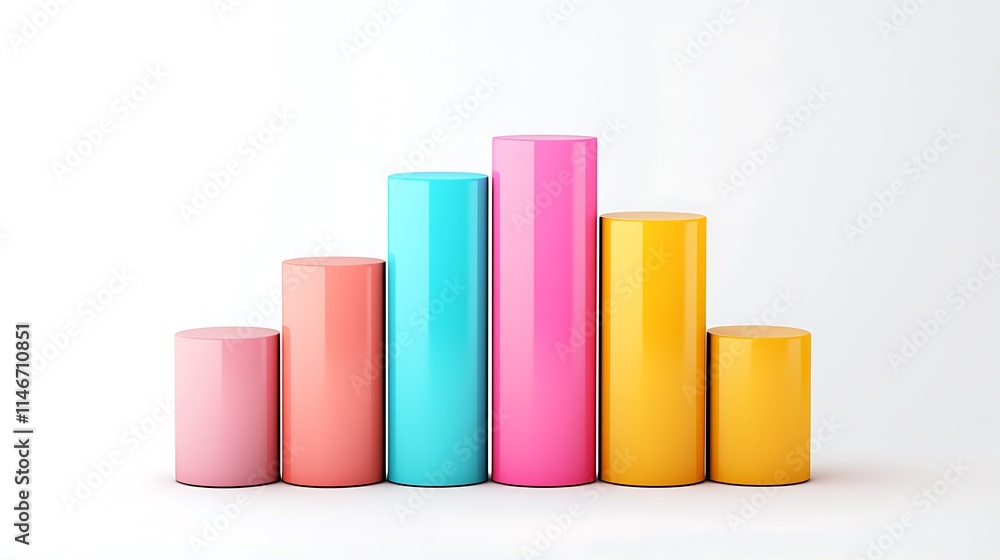 Poster a vibrant display of colorful cylindrical bars arranged in ascending height, representing data visua