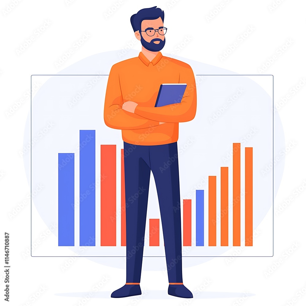 Poster a professional man in an orange shirt holds a tablet, standing confidently in front of a colorful ba