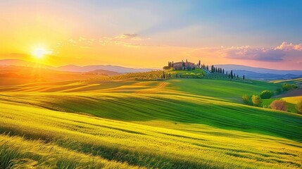 Obraz premium Tuscan Sunset: Golden Fields and Rolling Hills