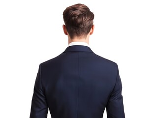 A well-dressed individual in a dark suit, viewed from behind, showcasing a polished and professional appearance.
