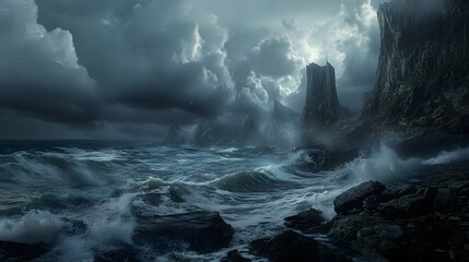 A rocky coastline with dramatic waves crashing against the cliffs, under a cloudy and moody sky