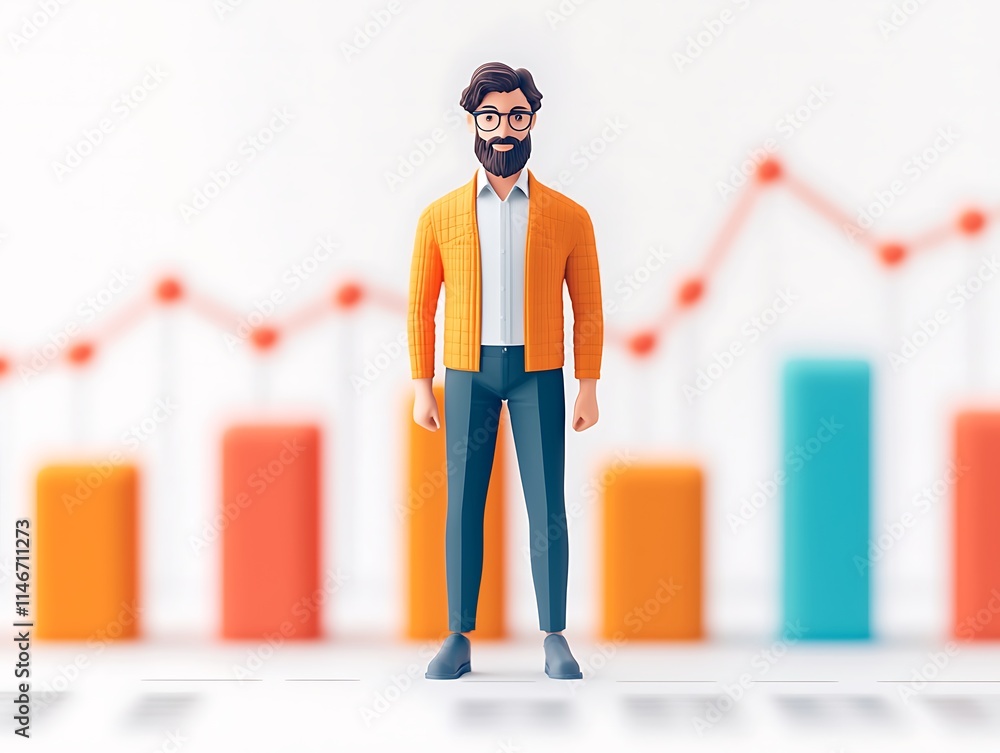 Poster a stylized character stands in front of colorful bar graphs, representing data analysis, business gr