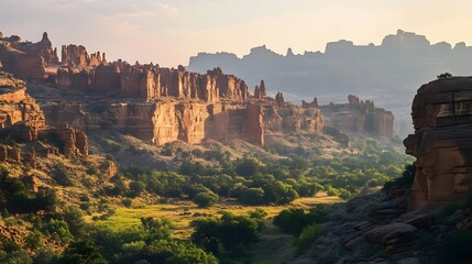 A dramatic canyon at sunset, with red rock formations glowing under the golden light and deep shadows adding contrast