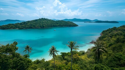 Obraz premium A vibrant tropical island with turquoise waters, white sandy beaches, and lush green palm trees