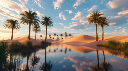 Obraz premium A dreamy desert oasis, with tall palm trees and a reflective pool of water surrounded by golden sand dunes