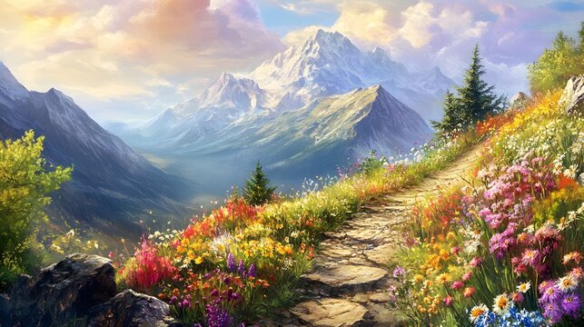A rocky mountain trail leading to a breathtaking summit, with vibrant wildflowers lining the path