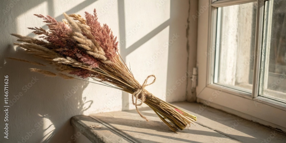Aufkleber dried grass bouquet resting on a windowsill, basking in the warm glow of sunlight filtering through 