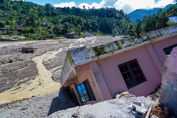Fototapeta na wymiar Nakhu River Flooding damaged Homes in Tikabhairab Region, Lalitpur, Nepal.