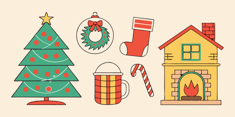 Christmas elements and icons, Christmas tree, gifts, snowflakes, fireplaces, Vectors & Illustrations	