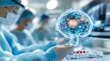 Scientists analyzing holographic brain model in a futuristic laboratory, showcasing advancements in neuroscience and medical research