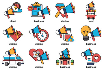 Illustration in concept of megaphone and business items in line style