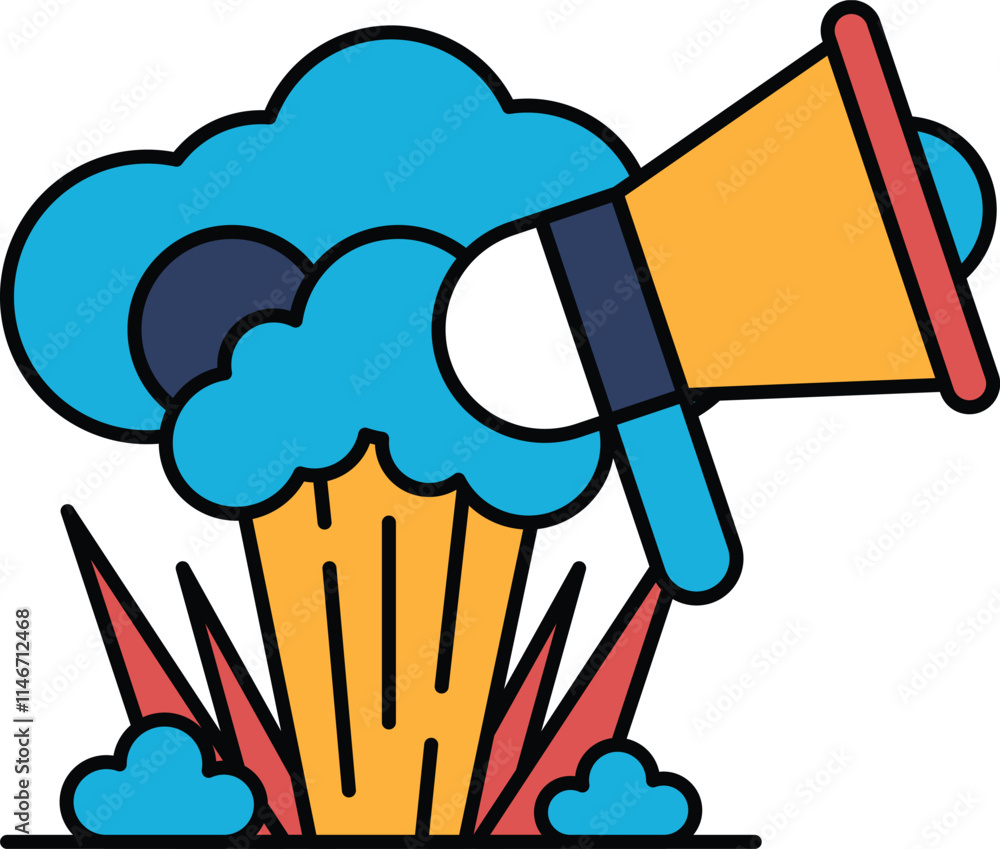 Poster a cartoon drawing of a large explosion with a microphone in front of it