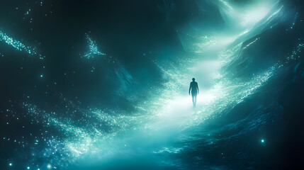 Fototapeta premium Ethereal Pathway Through a Cosmic Landscape with a Silhouette of a Person Walking Amidst Glowing Stars and Mystical Light Effects
