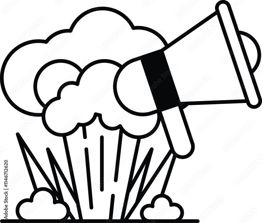 Poster a cartoon drawing of a large explosion with a microphone in front of it