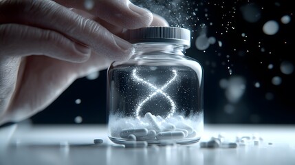 Hand holding a jar of pills with a glowing DNA helix inside, symbolizing genetic advancements in pharmaceutical technology