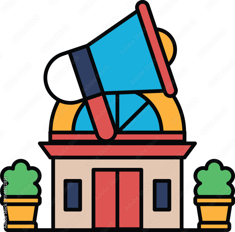 Poster a building with a large speaker on top of it
