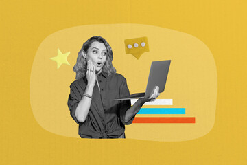 Composite photo collage of astonished girl freelancer hold laptop star comment feedback...
