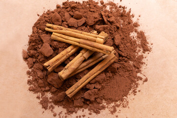 Cinnamon sticks and Cocoa powder with pressed lumps of natural color