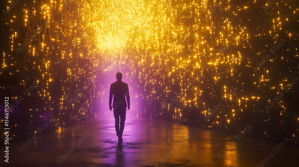 Poster awe-inspiring journey through a sparkling tunnel of light with a silhouette of a person in a dark en